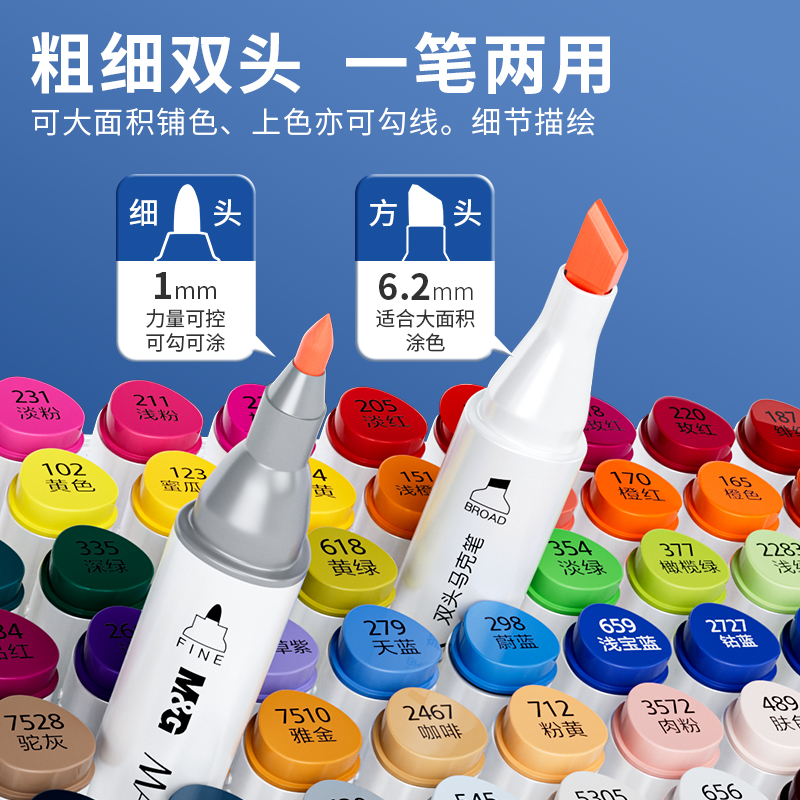 晨光油性双头马克笔12/24/36/48/60色动漫色绘画套装硬头画笔美学生美术专用画画笔丙烯马克笔不透纸可叠色 - 图3
