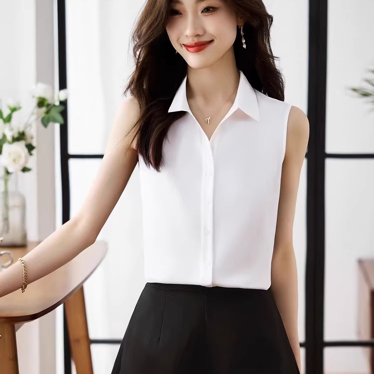白衬衫女无袖上衣翻领内搭高级感女雪纺衬衣女春夏季西装打底背心 - 图2