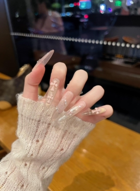 甜酷温柔桃雾清透裸粉猫眼细碎闪片蕾丝碎钻十字架显白手工穿戴甲
