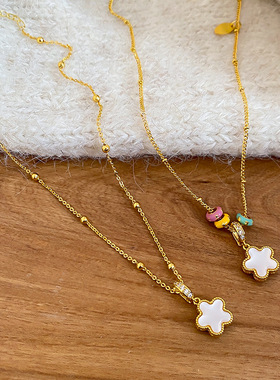 金属滴油串珠双面花朵项链精致优雅日常百搭锁骨链轻奢小众毛衣链