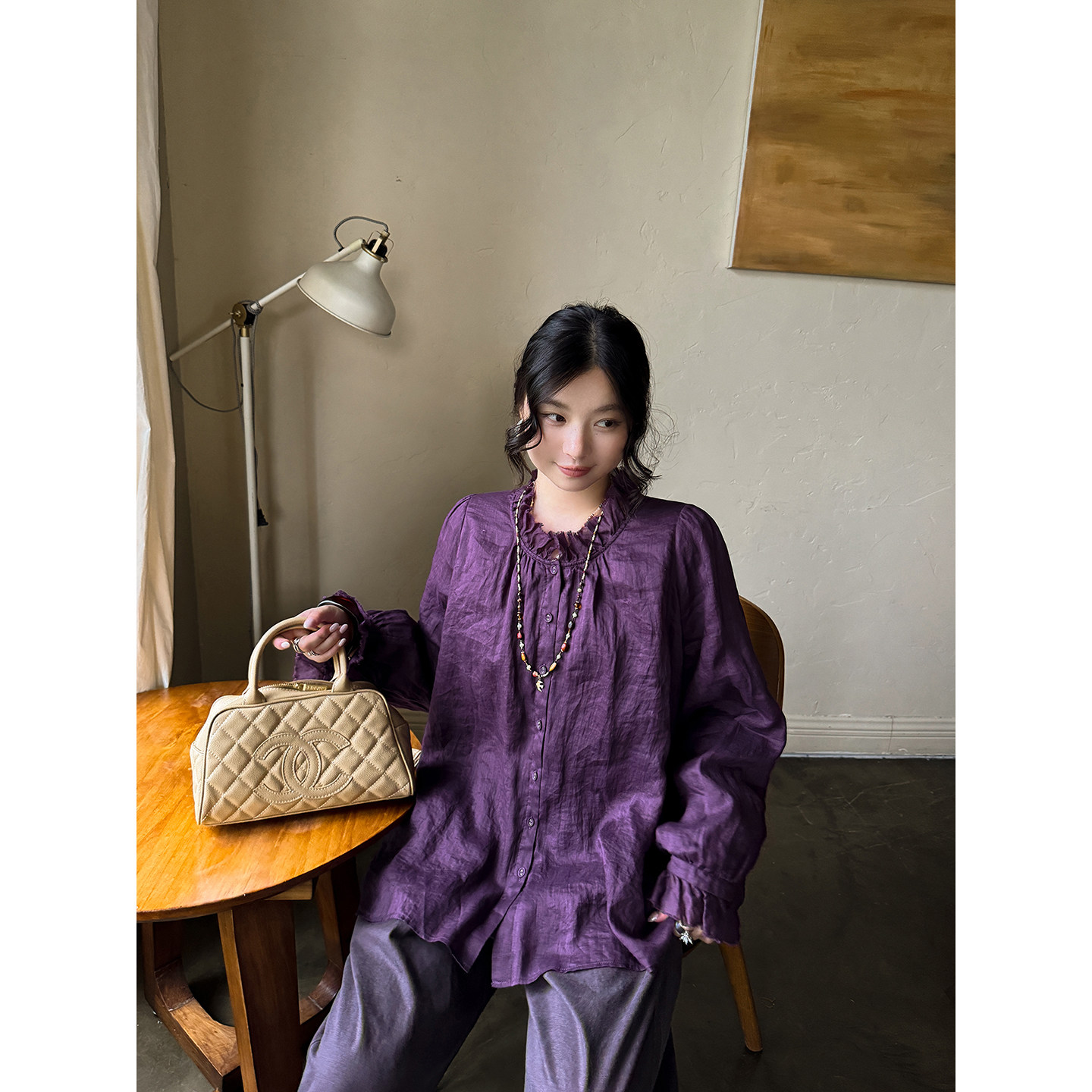 纯苎麻仙气毛感木耳花边文艺优雅泡泡袖宽松防晒衬衫秋 安妮森林