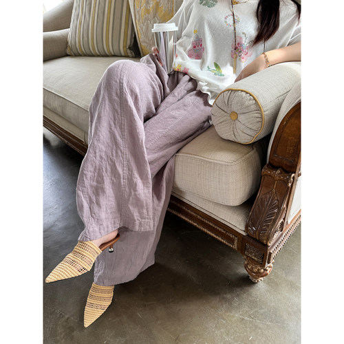 订制纯亚麻高级文艺复古垂感松紧腰显瘦气质拖地裤女夏 安妮森林 - 图1
