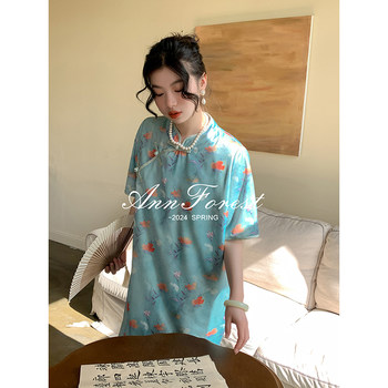 imitation satin temperament hand-buttoned elegant cheongsam dress Anne Forest 2024 summer ໃຫມ່ຂະຫນາດໃຫຍ່ drape skirt