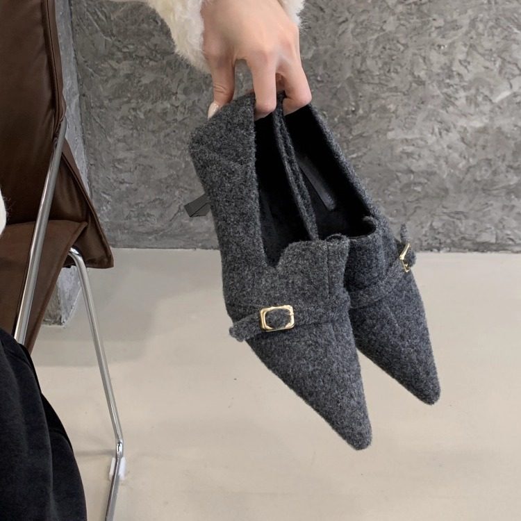 2025年秋冬季新款尖头皮带扣呢子料加绒深口细跟高跟鞋女复古单鞋,淘宝优惠券,粉丝福利购,淘宝优惠卷