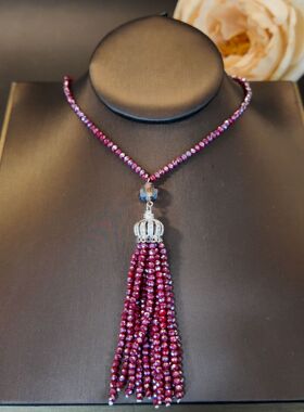 铜镶锆皇冠长流苏吊坠琉璃珠串珠项链女复古文艺时尚气质饰品