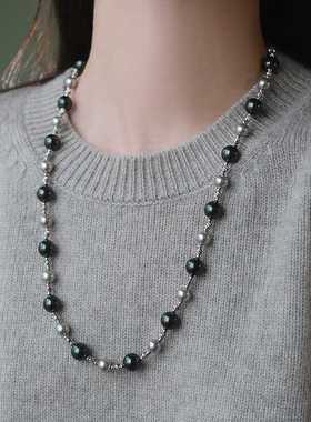 秋冬长款大溪地施家珍珠项链轻奢女拼色设计感冷淡风感毛衣链