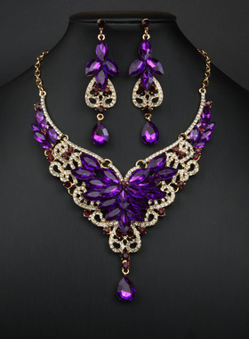 跨境欧美夸张水晶宝石项链耳环套装新娘宴会礼服女饰品厂家