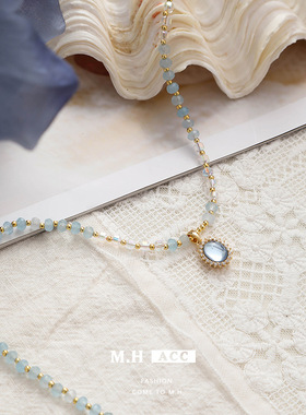 ins清新海蓝宝项链法式浪漫设计感串珠锁骨链轻奢风绝美吊坠