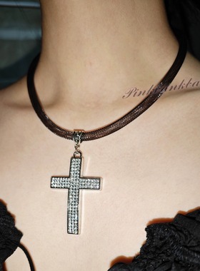 pinkbankbaby原创自制小众亚文化朋克y2k镂空网纱镶钻十字架项链