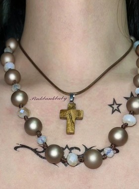 原创设计y2k双层小众个性夸张美拉德手作天然图画石十字架项链女