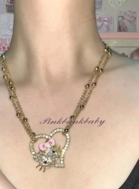 pinkbankbaby原创自制y2k辣妹饰品18k链条爱心猫咪镶钻项链女