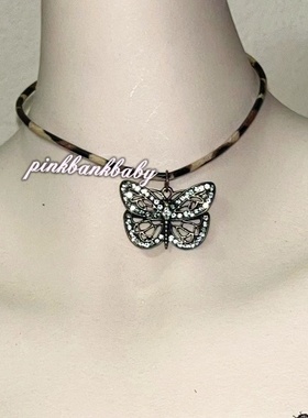 原创设计手作复古y2k新中式蝴蝶美拉德小众豹纹皮绳项圈项链颈链