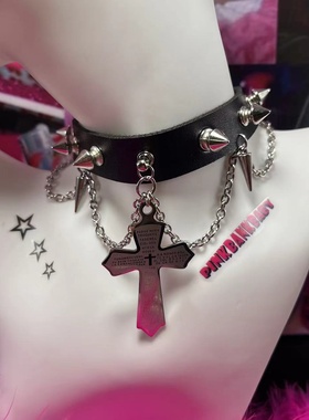 原创手作重工暗黑朋克亚文化y2k小众个性钛钢刺芒十字架项圈Choke