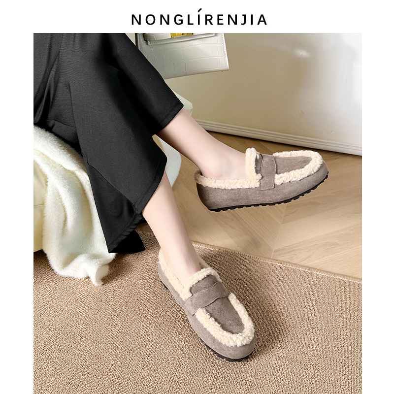 弄里人佳大码女鞋41-42码单鞋25冬新款复古风加绒毛毛鞋小皮鞋 - 图0