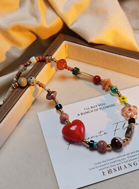 一眼心动!多彩串珠爱心项链复古琉璃珠ins风甜妹氛围感百搭颈链