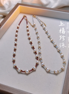 天然淡水珍珠项链搭配石榴石法式复古choker 显白高级感锁骨颈链