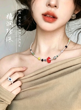天然淡水珍珠项链彩色串珠少女心日常百搭锁骨链甜妹ins风配饰