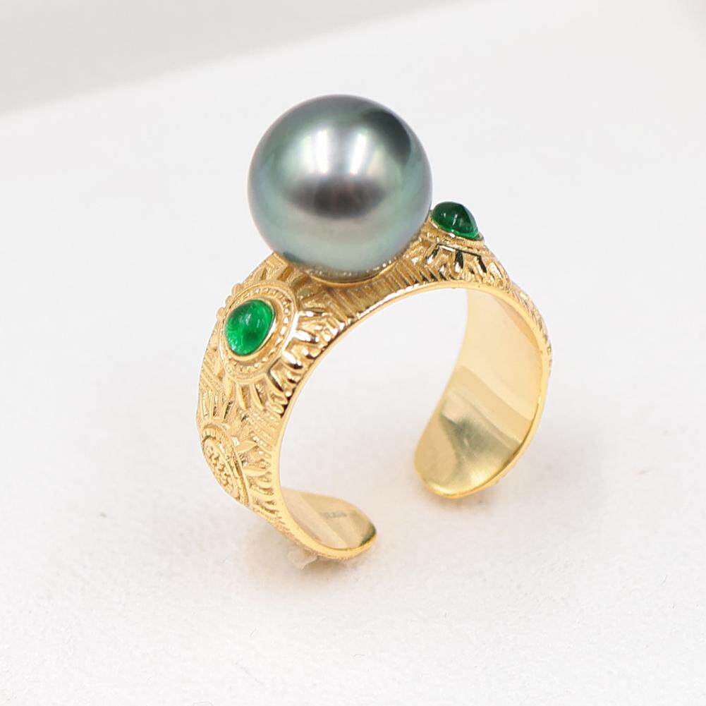 DIY Pearl Accessories New S925 Sterling Silver Light Luxury Green Zirconium Boho Style Ring Empty Holder 8-12mm