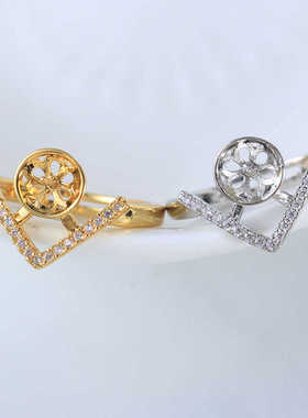 V形镶钻DIY戒指空托铜镀金时尚