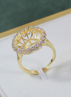铜镀金圆形满锆太阳花珍珠戒指