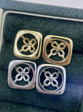 铜镀注金简约光面方形珍珠耳钉