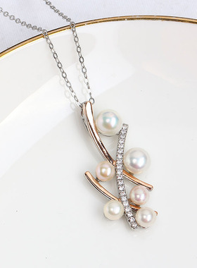 多珠交叉花枝珍珠项链吊坠