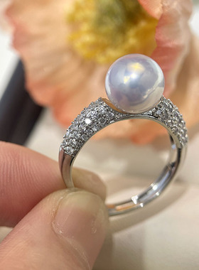 新款铜镀注金镶法式锆石珍珠戒指