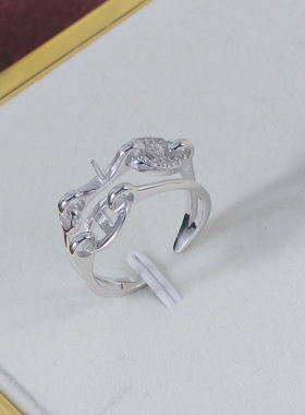 S925纯银猪鼻子微镶锆石珍珠戒指