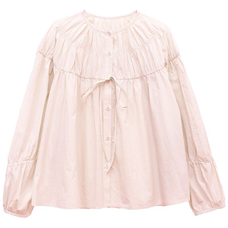 鹿与飞鸟“白荔薄荷”轻薄100棉不规则褶裥三色落肩长袖衬衫6693