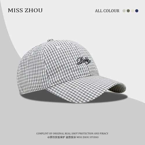 韩国新款格子字母刺绣鸭舌帽子男女夏季百搭宽檐软顶棒球帽显脸小 - 图1