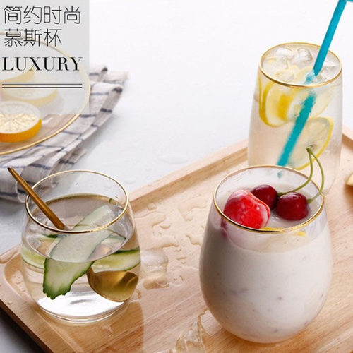 带金边圆肚玻璃杯早餐杯透明牛奶杯网红玻璃水杯耐摔简约金力蛋形 - 图2