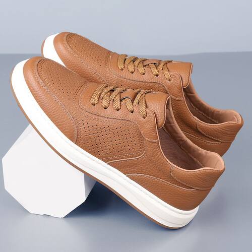 夏季镂空休闲皮鞋男头层牛皮打孔透气小白鞋真皮男士板鞋软底男鞋 - 图1