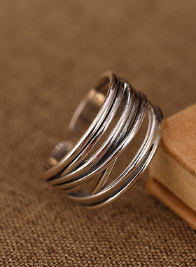 925纯银戒指三生三世复古时尚个性 缠绕交叉几何不规则开口指环