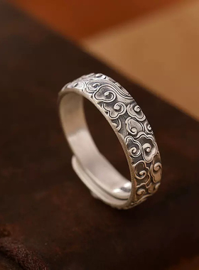 民族风99足银戒指复古中国风文艺时尚梅花祥云纹女士开口指环银饰