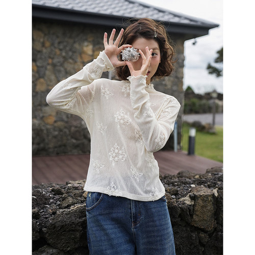 Botanique植物学“冬季雪花”立体花朵肌理半高领打底衫 - 图1