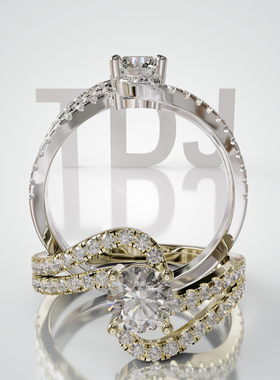 18K金双环满镶圆石可定制婚戒