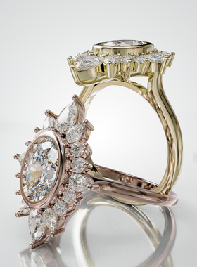 18K金轻奢椭圆主石群镶订婚戒