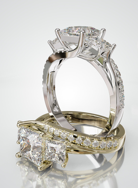 18K金公主方三石半圈排镶戒轻奢小众设计感婚戒可定制百搭食指戒