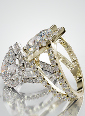 18K金梨形主石围镶三层分臂光面戒轻奢小众设计婚戒可定制食指戒