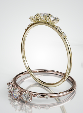 壹钻18K金圆形三石排镶戒指