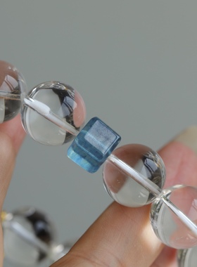 高端定制天然白水晶手链搭配天然海蓝宝方块纯银鎏金镶嵌海蓝宝坠