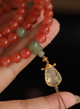 天然南红多圈正宗川料天然和田玉珠和田玉三通纯银鎏金镶嵌白水晶