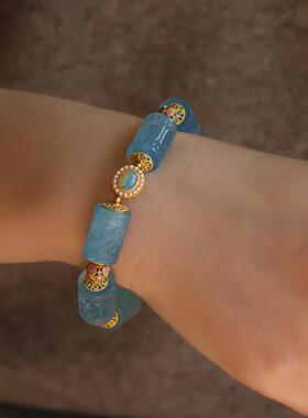 高端定制天然海蓝宝精雕回纹桶珠手链高级别品质搭配纯银多宝设计