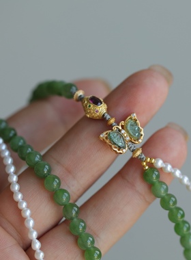 超美的设计天然碧玉项链天然淡水珍珠双层设计纯银鎏金镶嵌石榴石