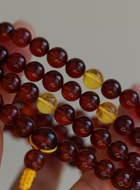 高端定制天然血珀108粒长链超美净水料搭配金珀精雕心经配珠男女