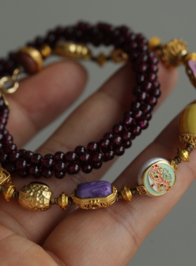 高端定制天然石榴石纯手工手链超美紫牙乌搭配纯银鎏金镶嵌碧玺