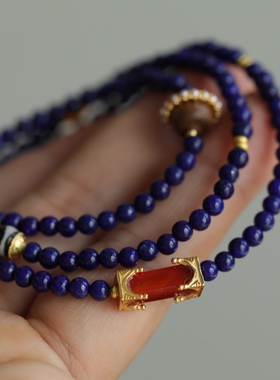 天然青金石多圈搭配纯银鎏金镶嵌南红桶珠沉香珍珠配饰天珠蜜蜡