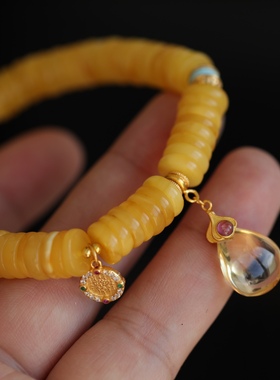 天然蜜蜡盘珠手链天然无优化的品质懂货的收鎏金黄财神吊坠黄水晶
