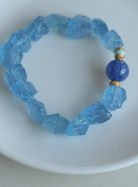 天然海蓝宝原石手链高端品质搭配天然蓝晶石配珠海纹石配饰610