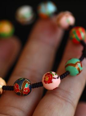 纯银鎏金珐琅彩12月花手 搭配珐琅彩小财神葫芦吊坠珍珠小钱袋子